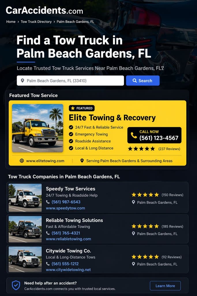 Sample towing company listing on CarAccidents.com